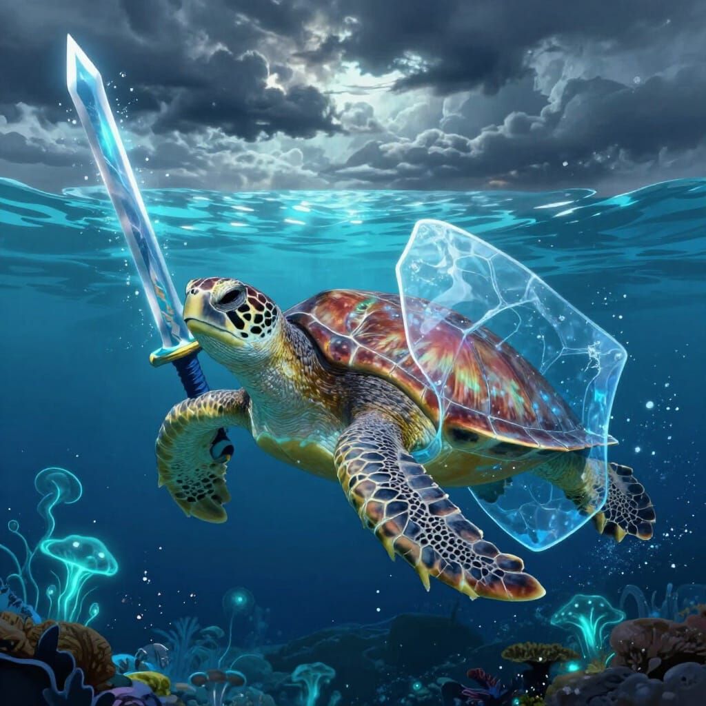 Sea Turtle Warrior Commands Ocean With Water Sword