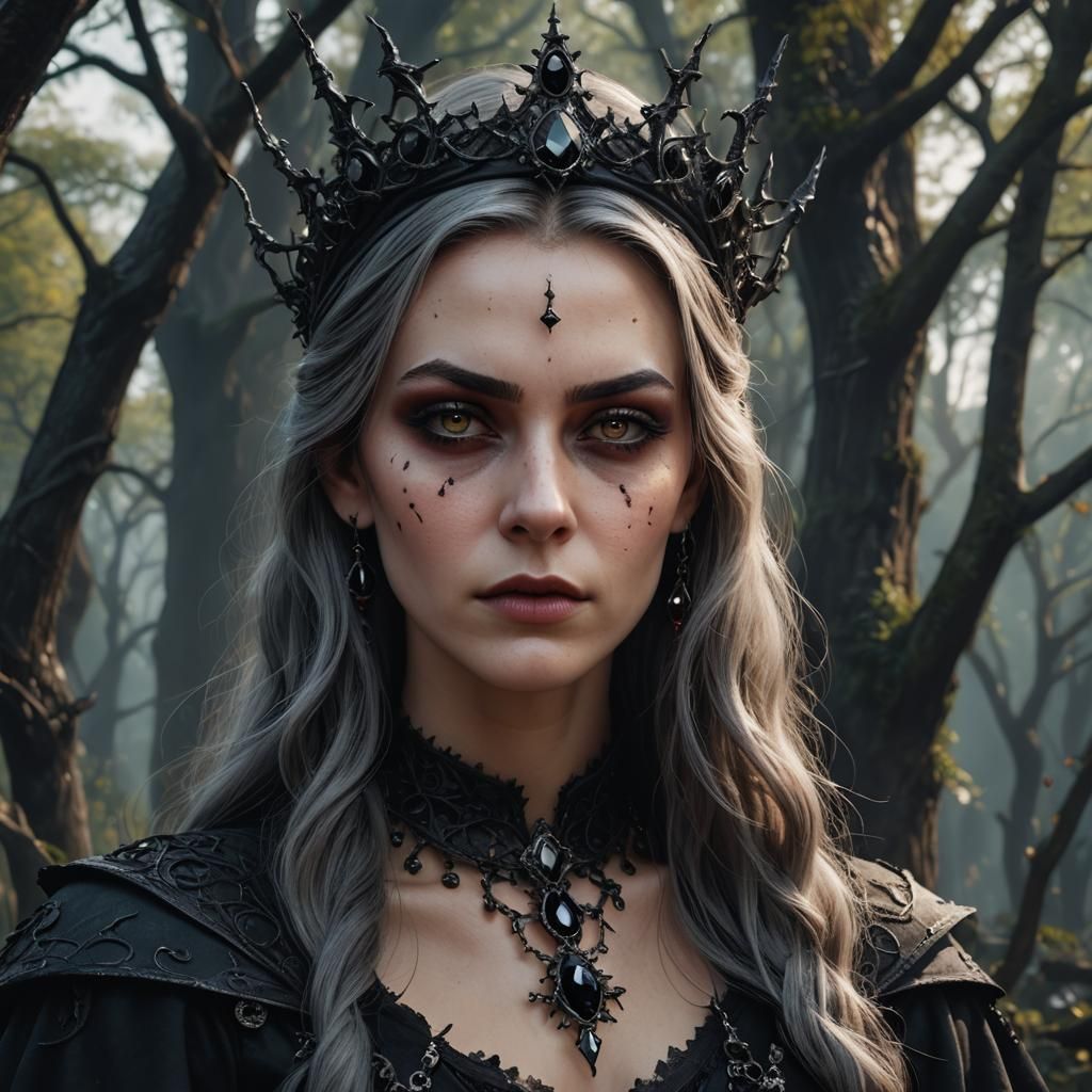 Gothic Witch Portrait with Jewel Diadem in Hyperrealism