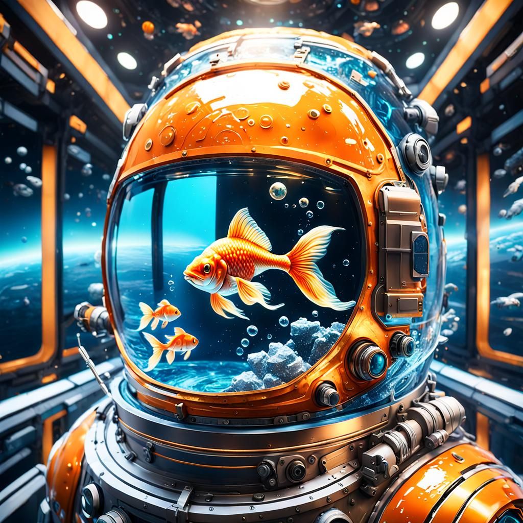 Goldfish in Sci-Fi Helmet: Dark Fantasy Concept Art