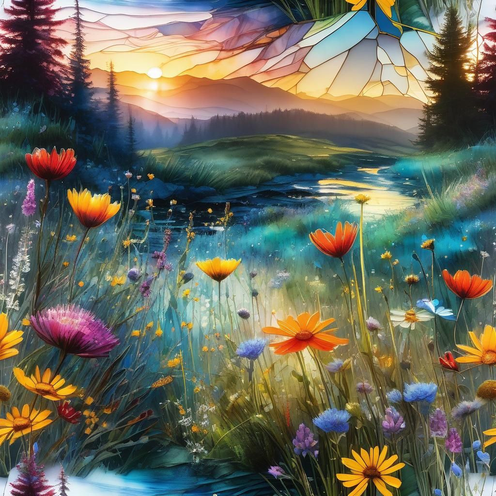 Stained Glass Flower Meadow in Digital Watercolor