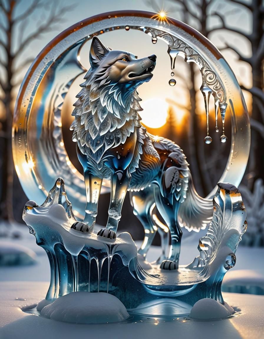 Glistening Ice Wolf Howling at Moon Sculpture