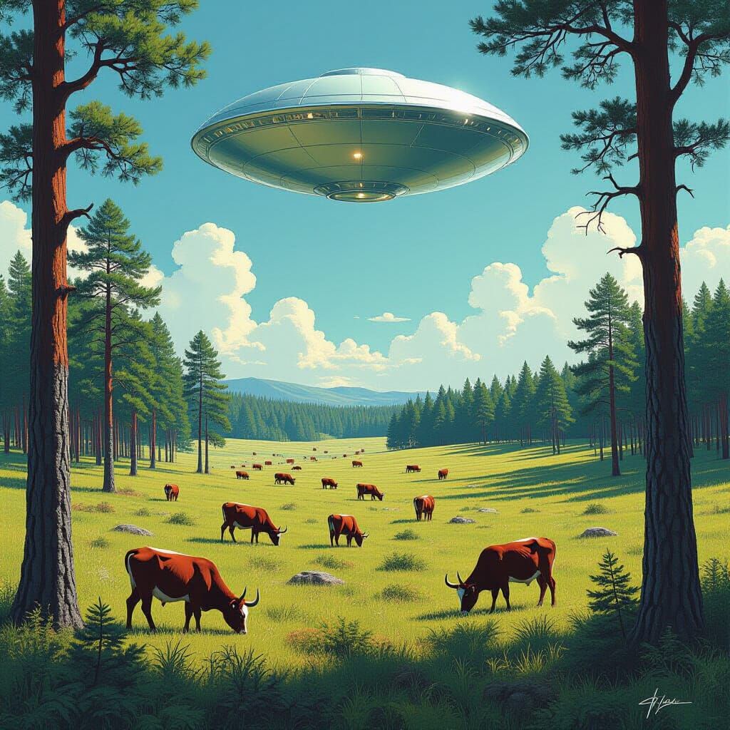 Pastoral Scene Interrupted by a Flying Saucer