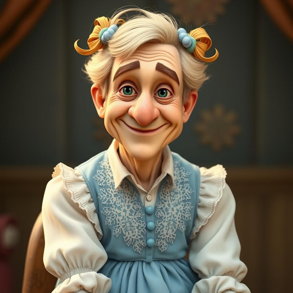 Old sissy Grandad wearing a pretty blue dress with frills an...