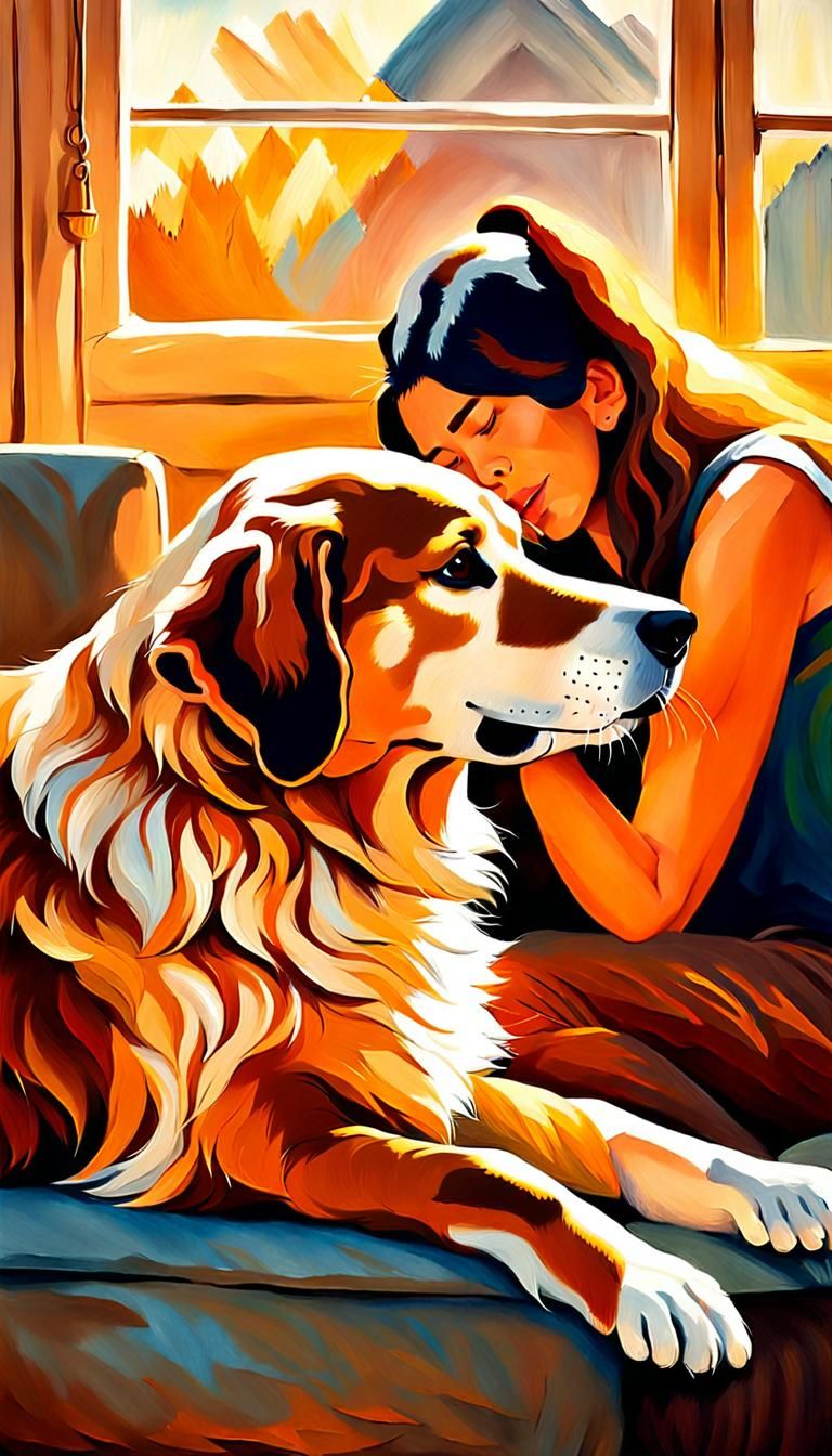 Heartwarming Oil Painting of Dog Nuzzling Owner