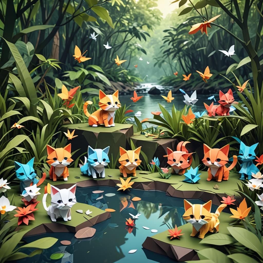 Origami Kittens by Jungle River in Papercraft Style