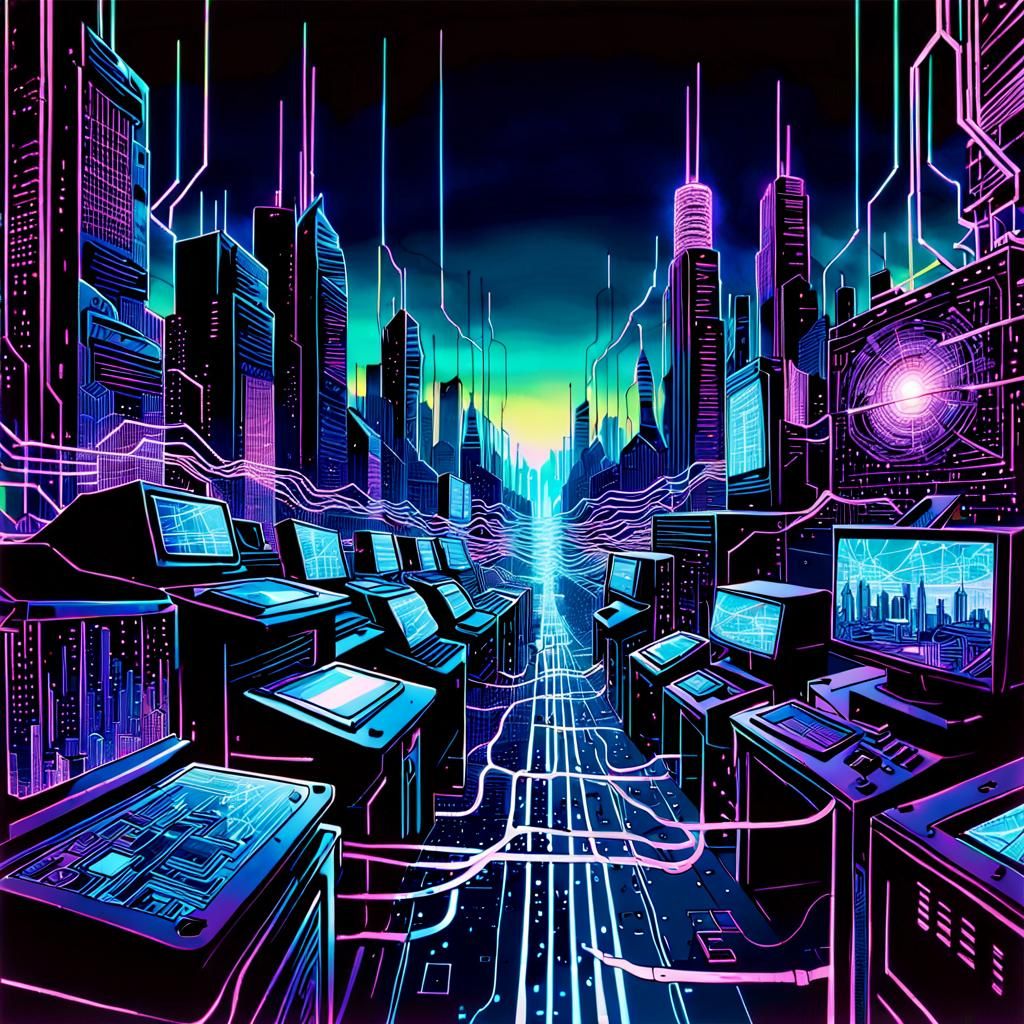Cyberpunk Circuit Board Cityscape with Glowing Data Streams