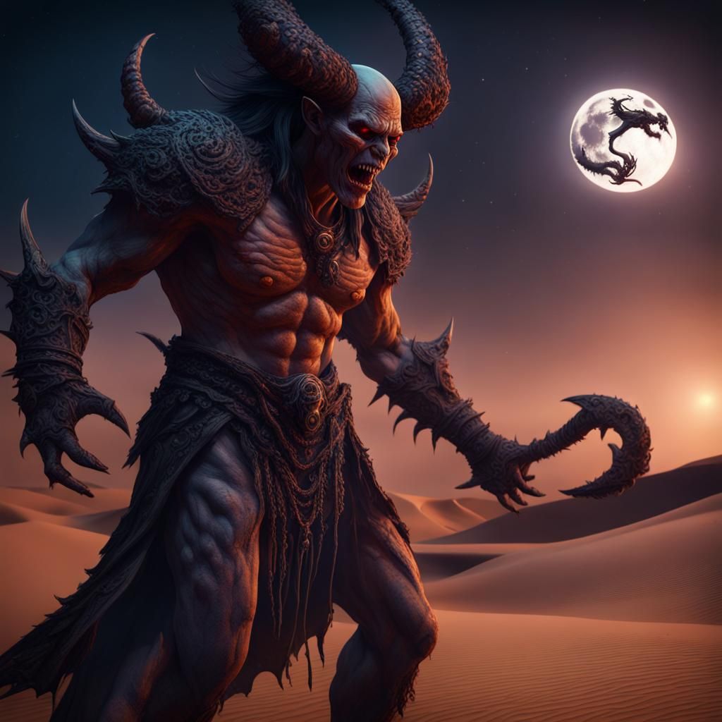 Desert Demon of Pain Under Full Moon