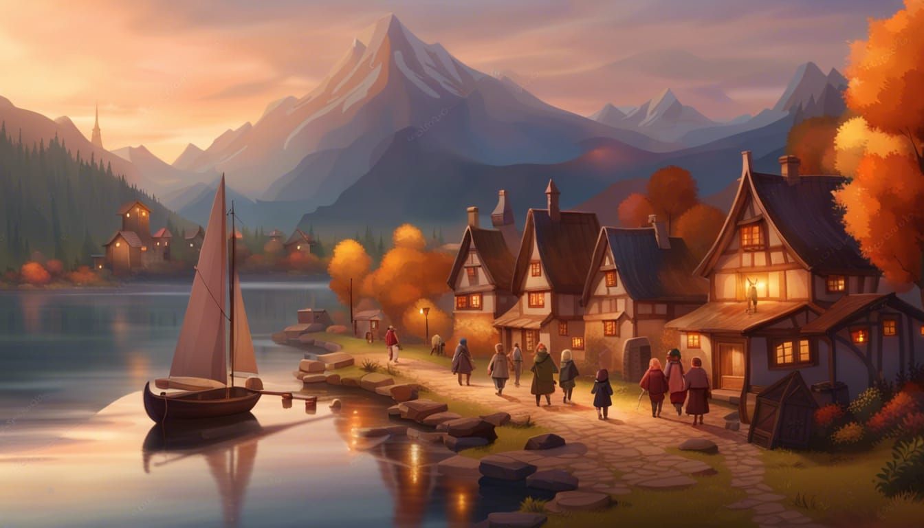 Cozy Lakeside Village Scene in Autumn Evening