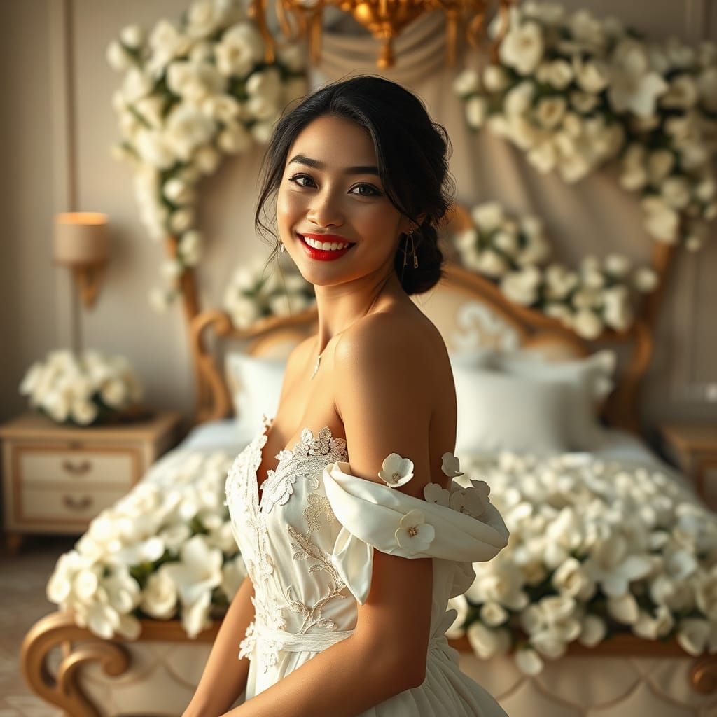 Jasmine Dress: Captivating Smile in Dreamy Bedroom