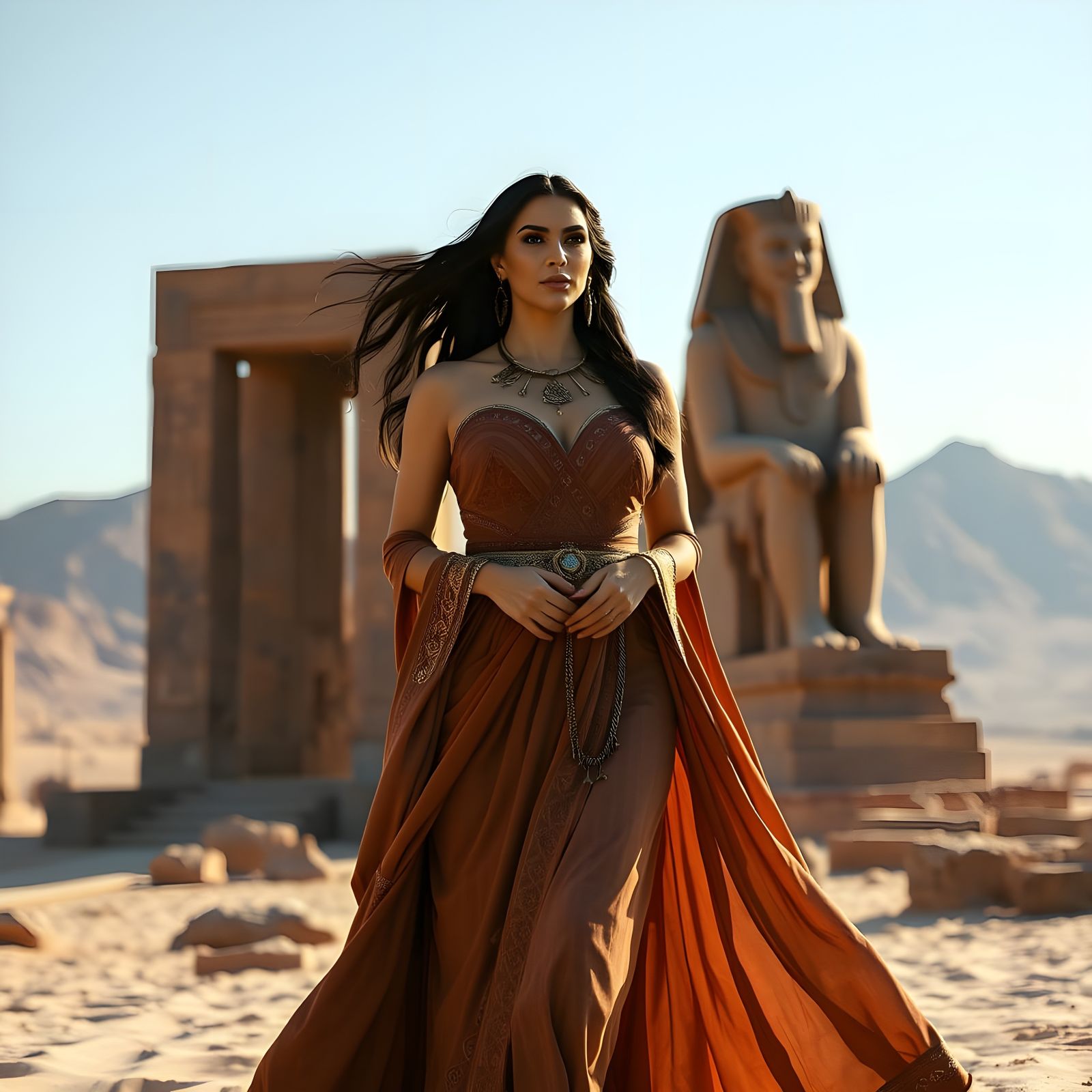 Ethereal Sumerian Priestess in Ancient Temple Ruins