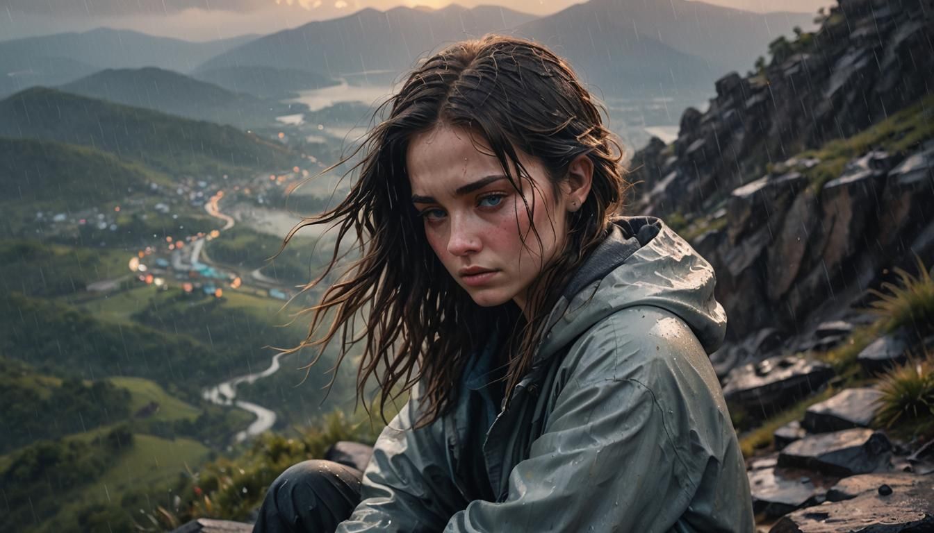 Girl on Mountain Peak in Rain: Hyperrealistic Concept Art
