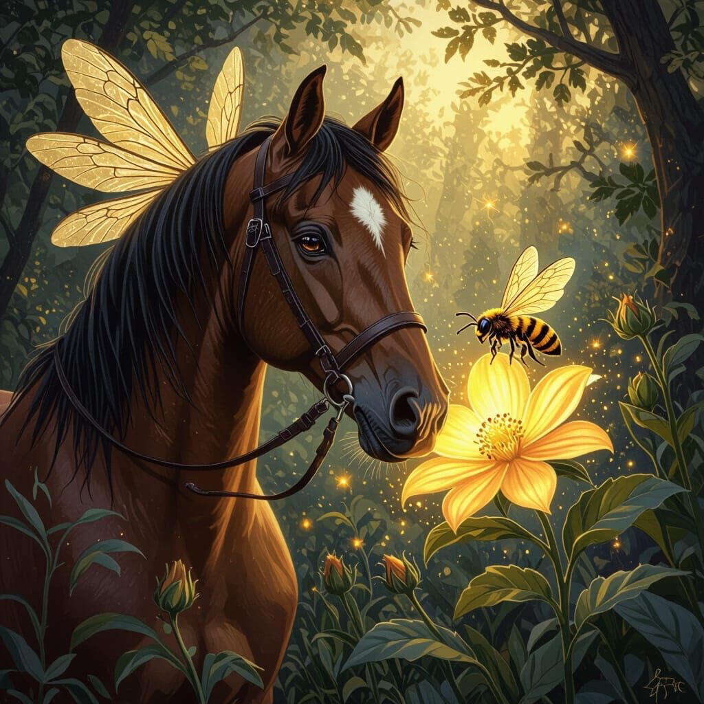 Fantasy Horse with Bee Head Collects Nectar