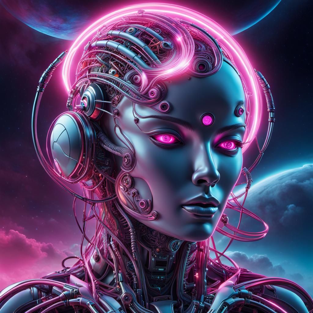 Cybernetic Fusion: A Neon-Lit Cyborg Head