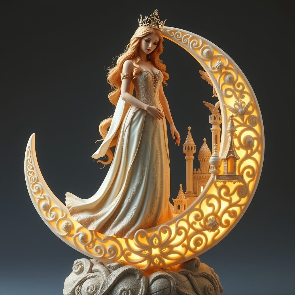 Regal Princess on Crescent Moon in Whimsical Fantasy Setting