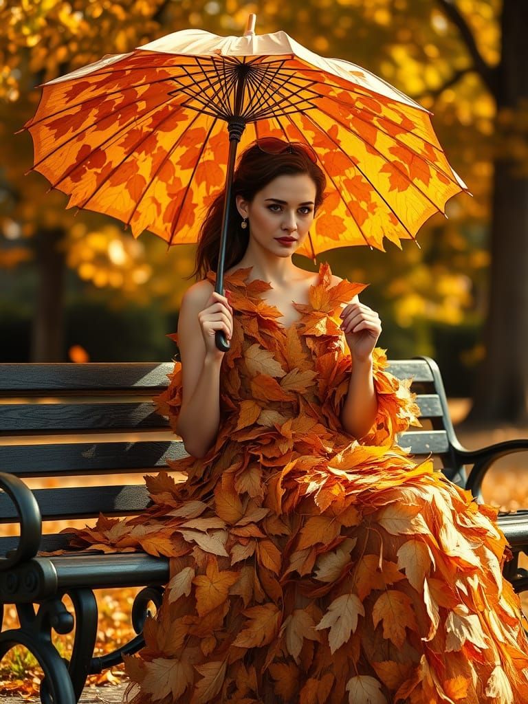 Autumn Woman in Leaf Dress with Golden Light