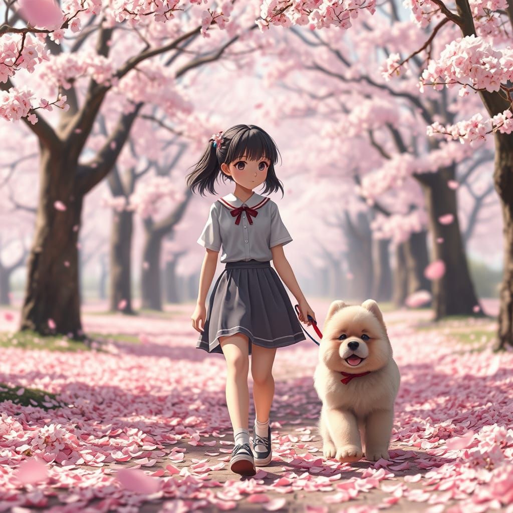 Girl Walks Fluffy Puppy in Cherry Blossom Park