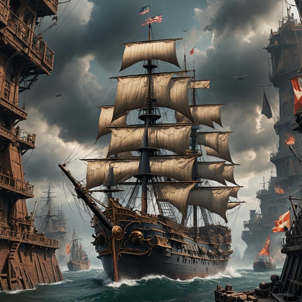 WWI Ship in Detailed Matte Painting Style