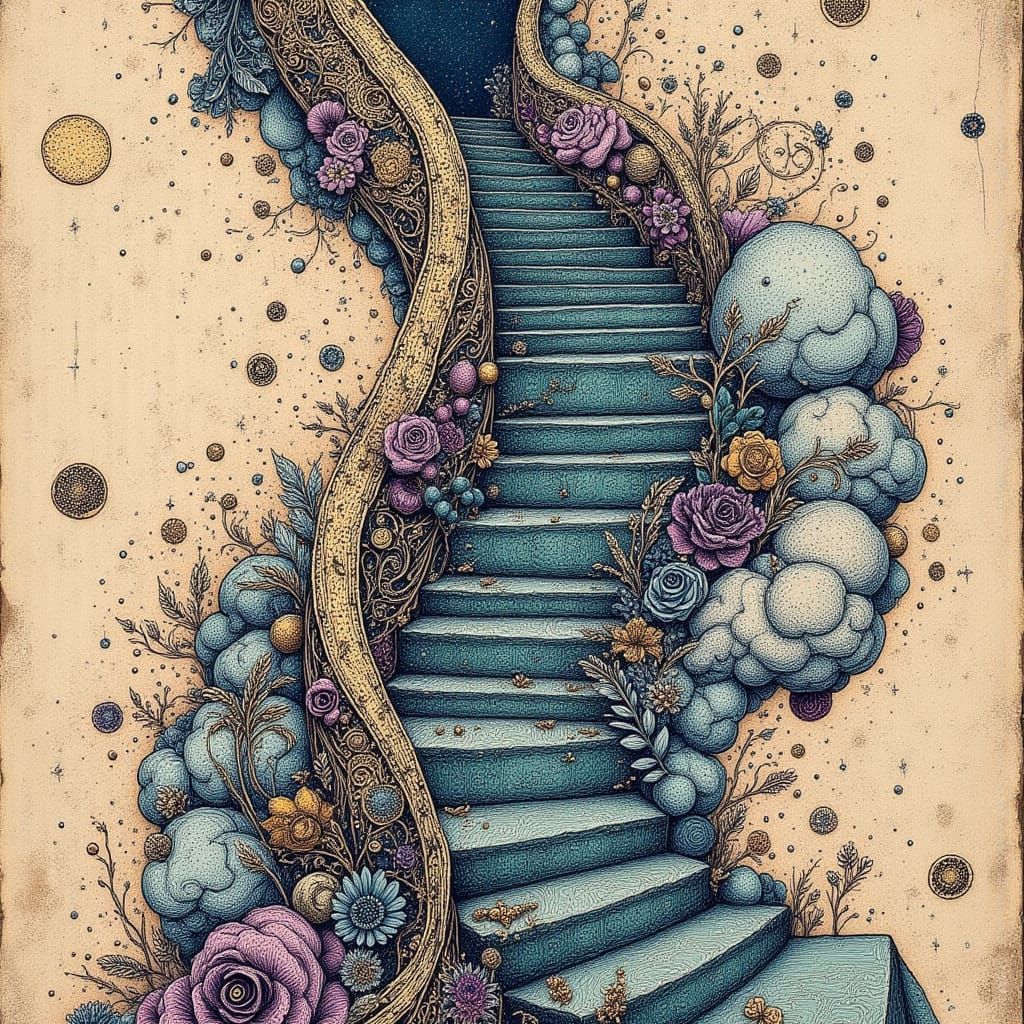 DNA Molecule Spiral Staircase in Aubergine, Gold and Teal