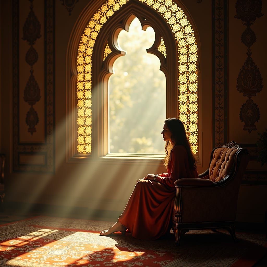 Opulent Iranian Interior with Woman, Cinematic Style