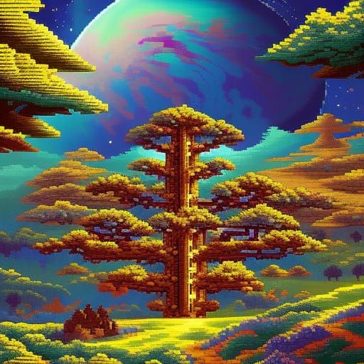 Cosmic World Tree in 64-bit Pixel Art