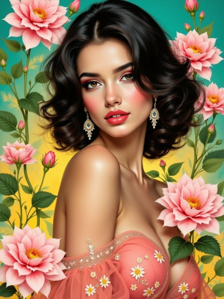 Elegant Floral Goddess in Art Nouveau Style