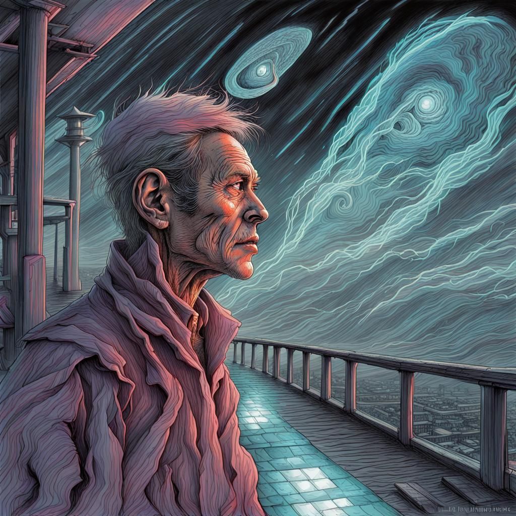 Disoriented Blind Man in Dark Sci-Fi Storm