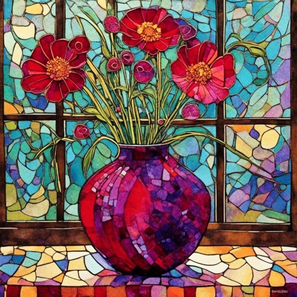 cranberry red geum flowers : translucent purple vase half fi...