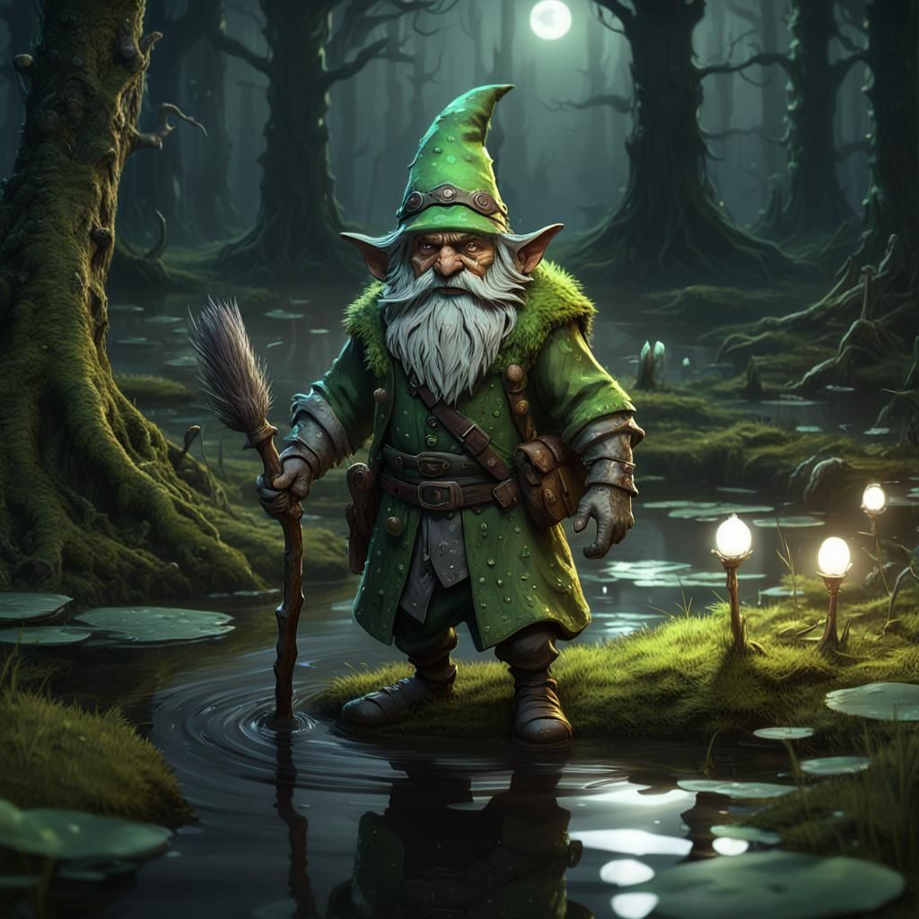 Gnome Druid Walks Through Swamp: Dark Fantasy Art