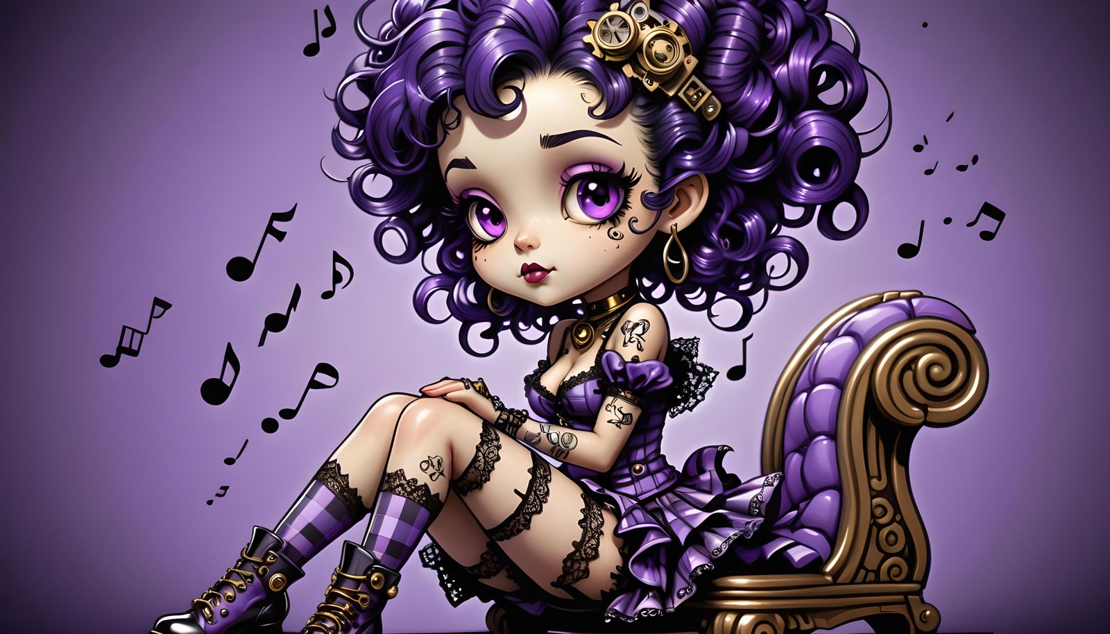 Steampunk Betty Boop Chibi with Musical Swirls