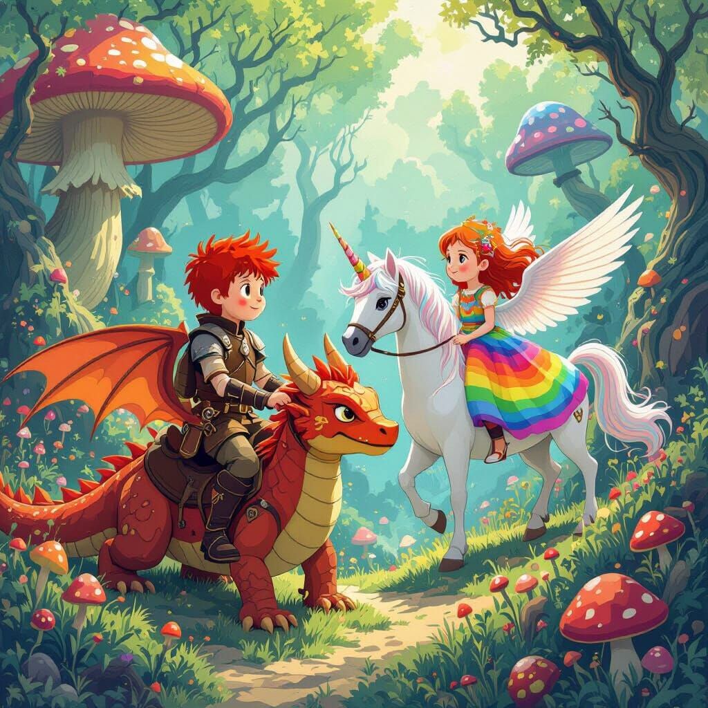 Children Ride Dragon and Pegasus in Fantasy Forest