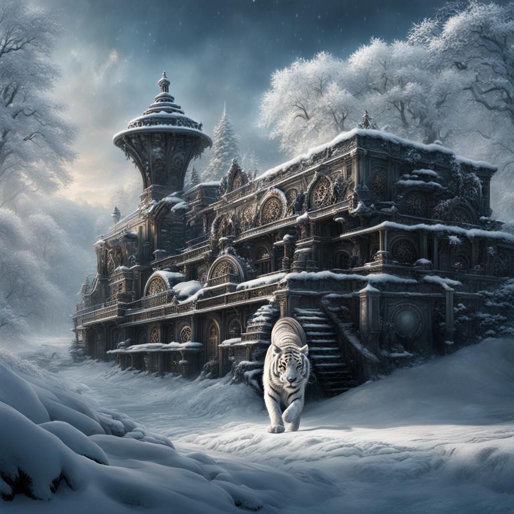 White Tiger in Snowy Gears: Digital Matte Painting