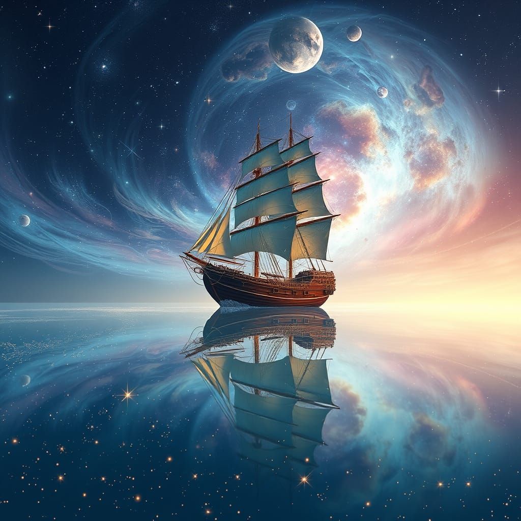 Ethereal Sailing Vessel Glides Through Cosmic Starfield