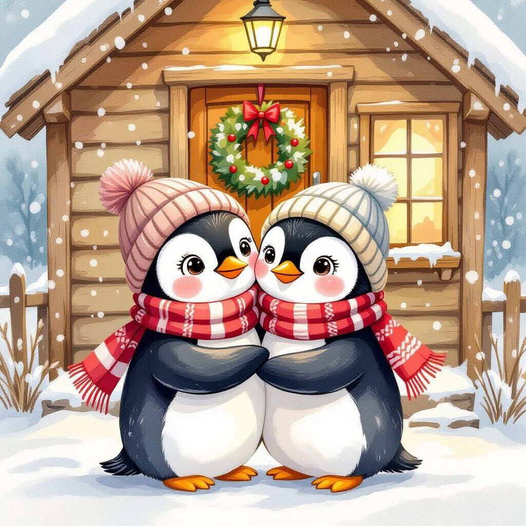 Penguin Love: Watercolor Cabin Scene in Potter Style