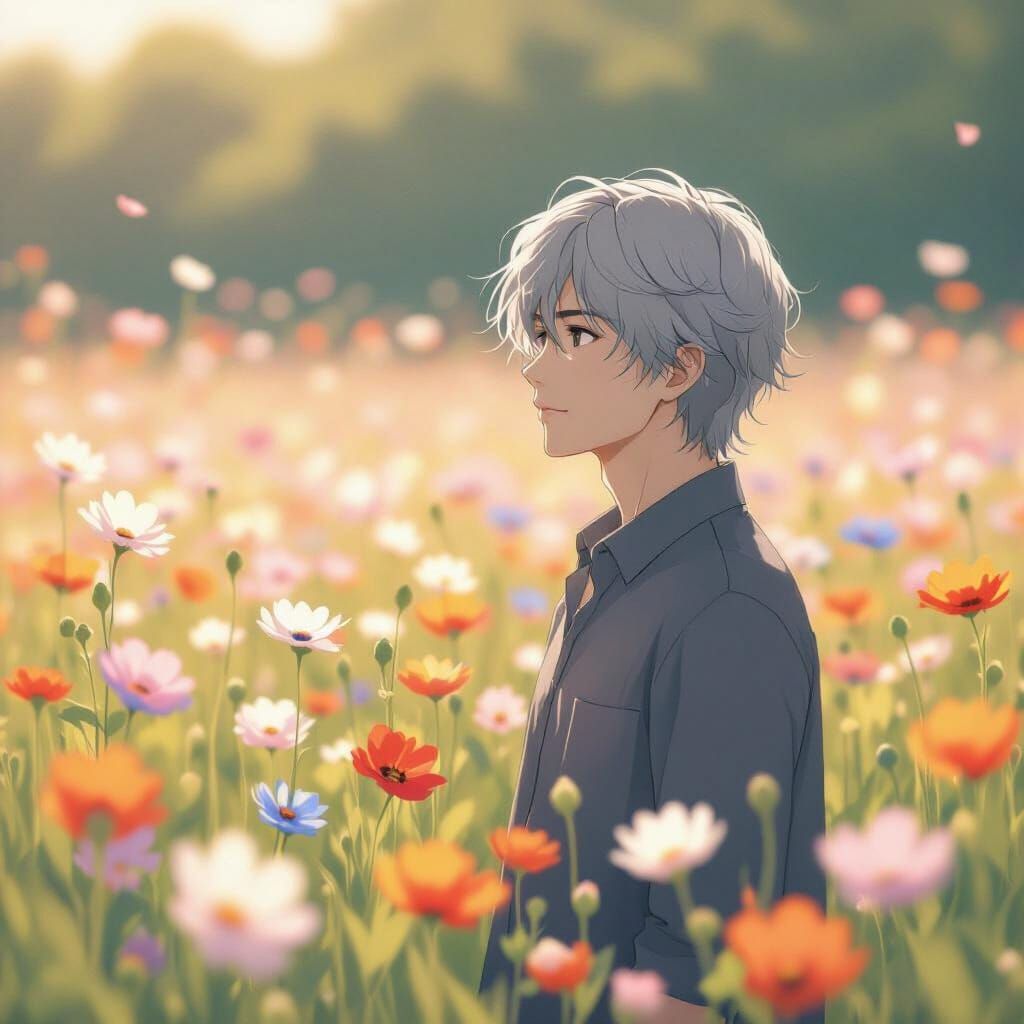 Anime Man in Flower Field, Minimalist Style