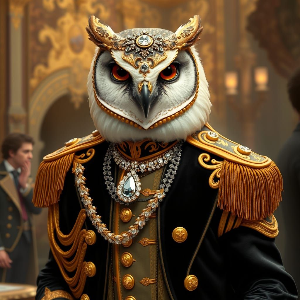Owl in Military Jacket at Masquerade, Art Nouveau Style
