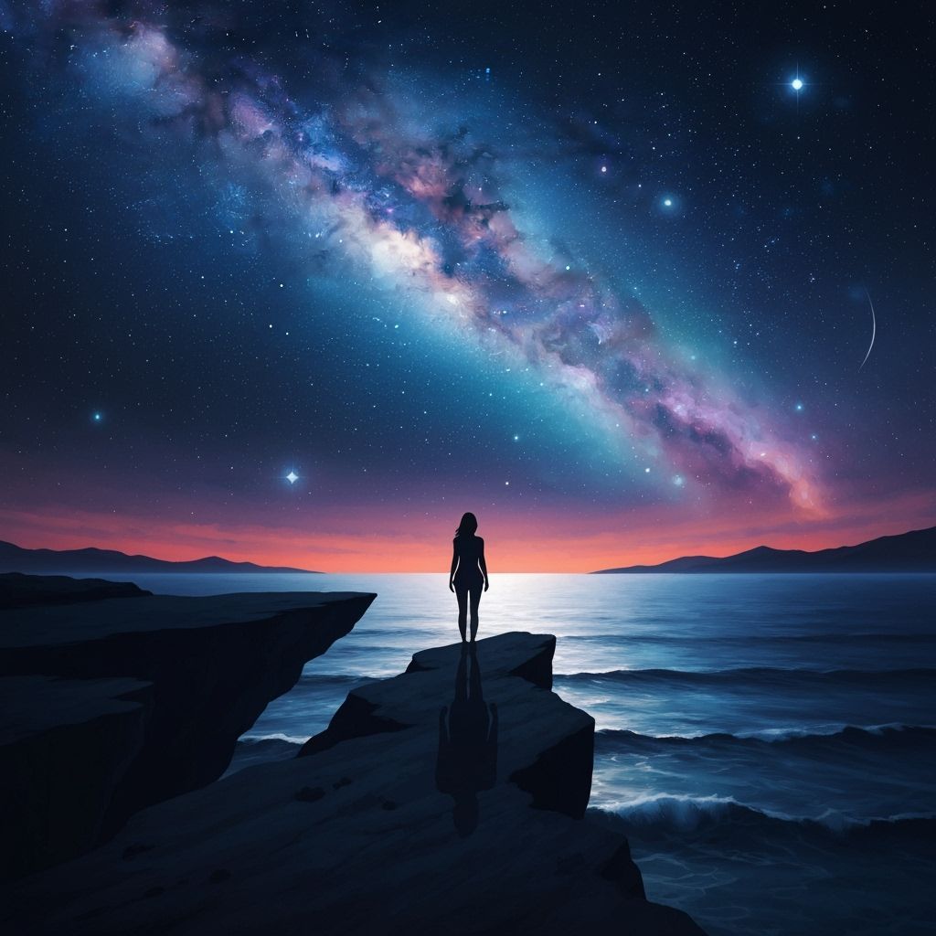 Solitary Woman Overlooks Starry Ocean in Painterly Style