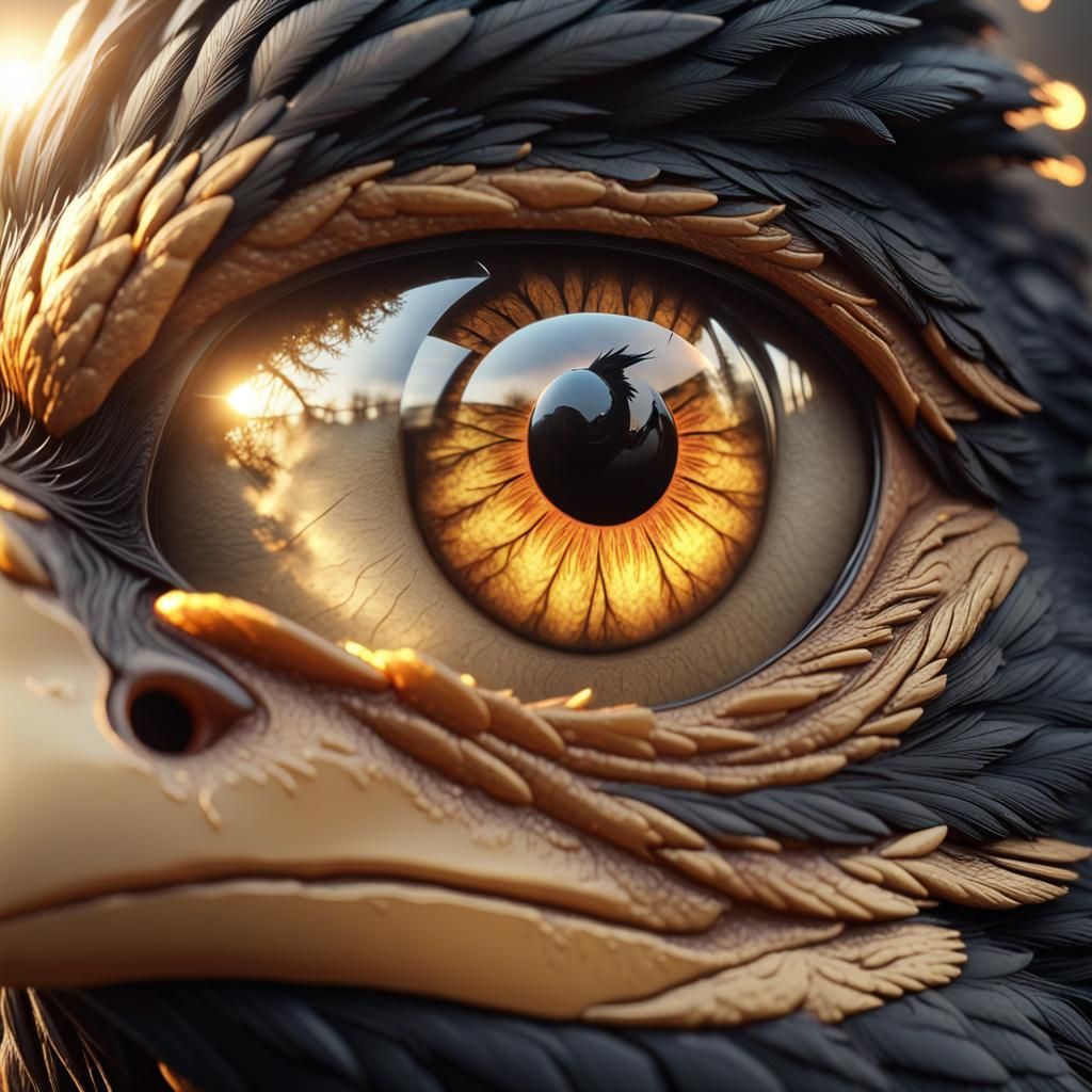 Crow's Eye Reflecting Golden Light in 3D Style