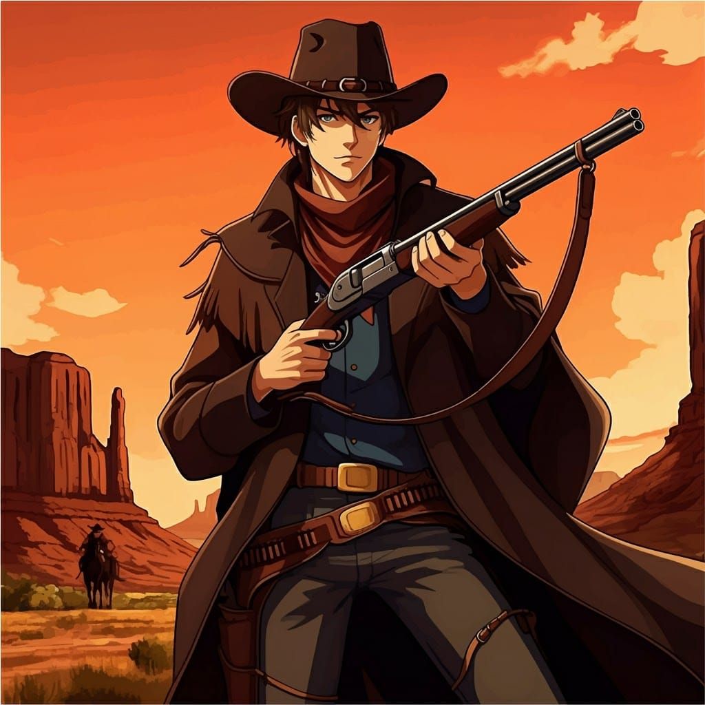 Young Cowboy with Rifle in Anime Style