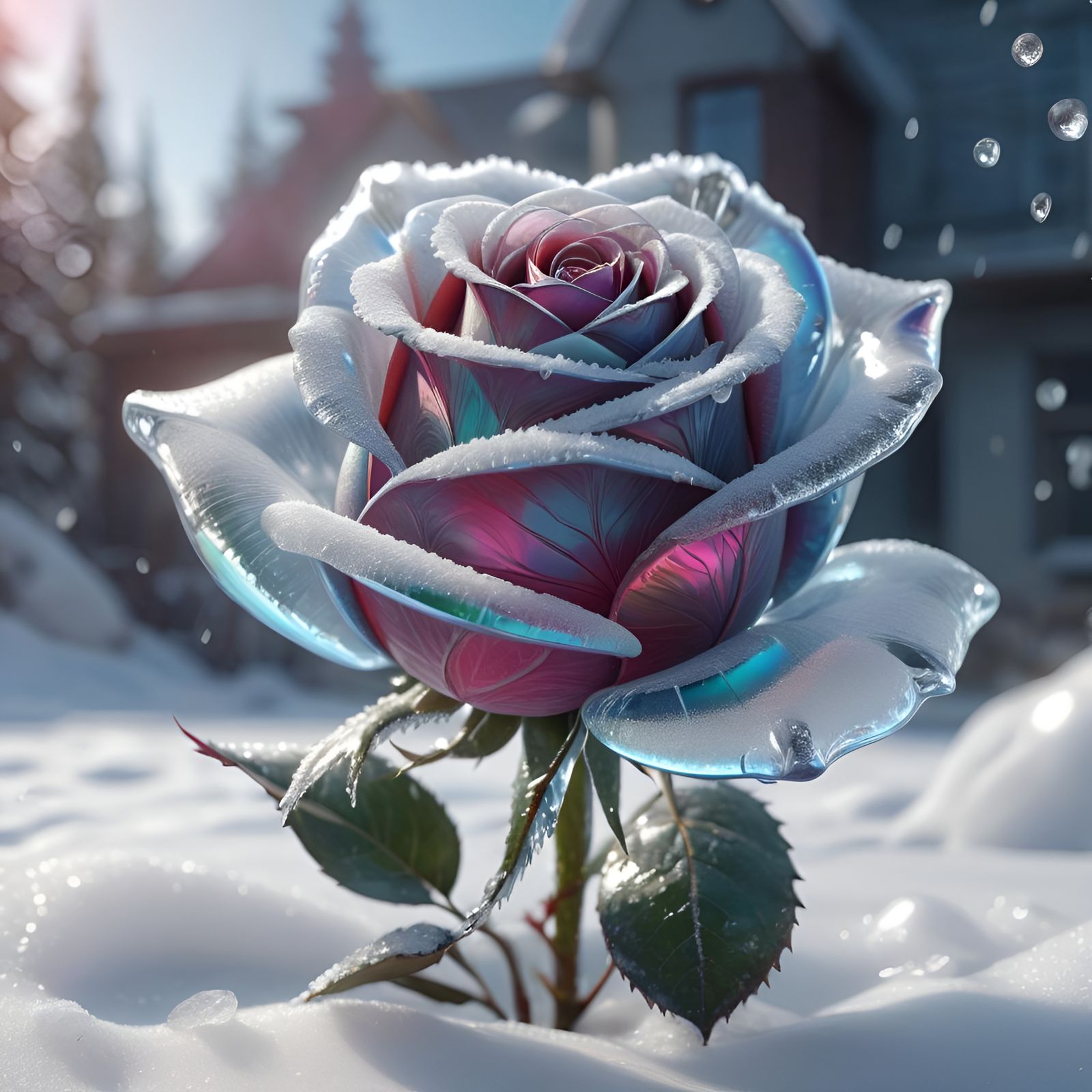 Icy Glass Rose in Snow, Photorealistic Render