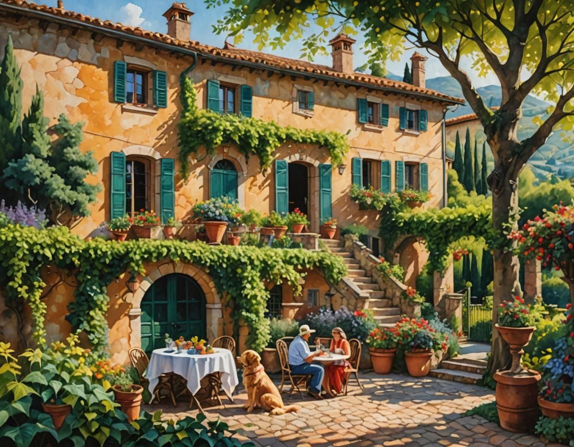 Sunny Luxury Italian Villa in Impasto Watercolor