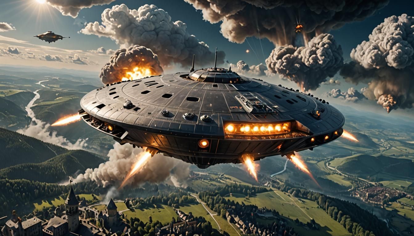 A Realistic Foto of a fully machanical UFO Like from the Iron Sky Movie flying over a realistic earth, realistic WW1-tec...