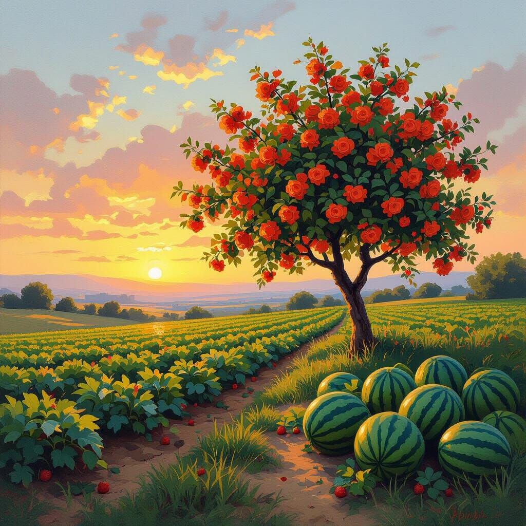 Impressionistic Sunset Over Fruit Fields