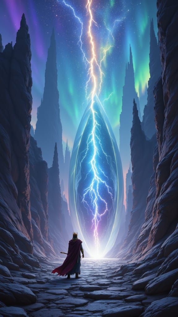 Surreal Mirror Reflects God-like King Under Aurora Sky