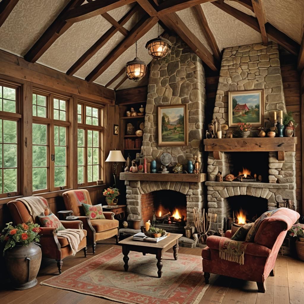 Inviting Cottage Interior with Lantern Light and Vintage Cha...