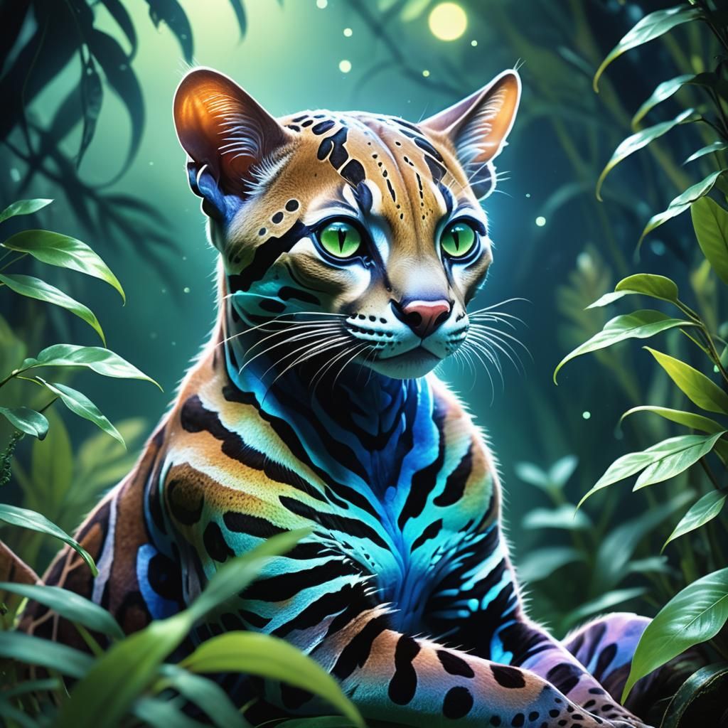 Alien Ocelot Hybrid in Eerie Twilight, Speculative Illustrat...