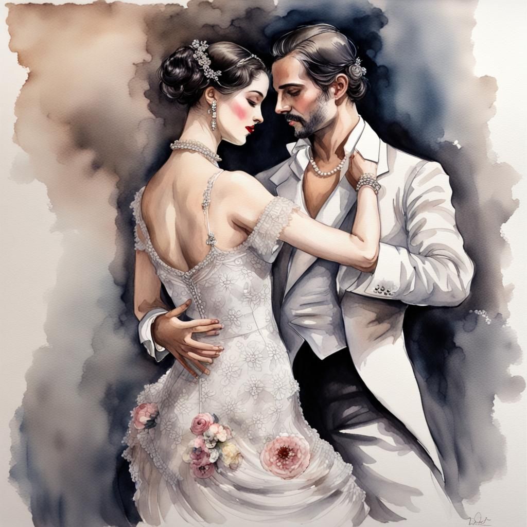 Sensual Argentine Tango Threesome in Watercolor Style