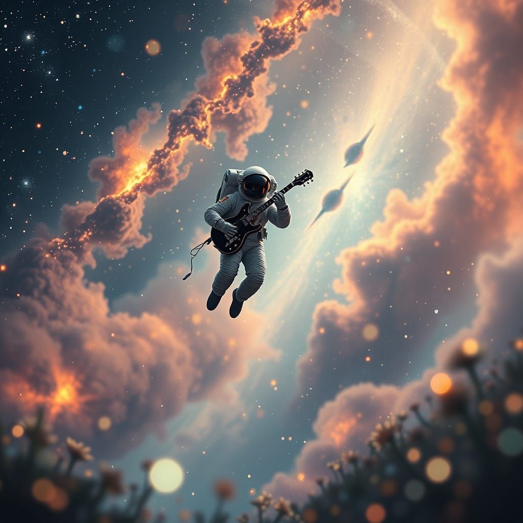 Astronaut Playing Celestial Guitar in Cosmic Nebula