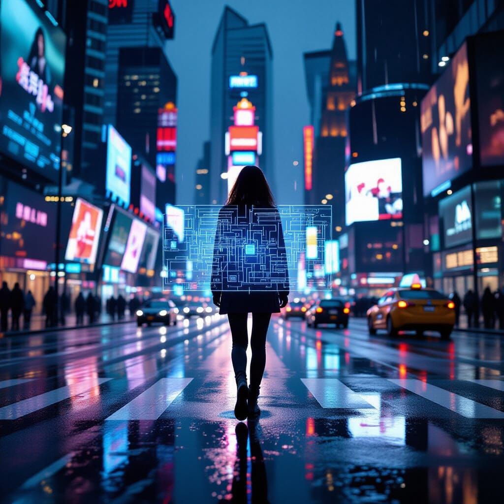 Cyberpunk Crossroads: A Woman's Journey in Neon City
