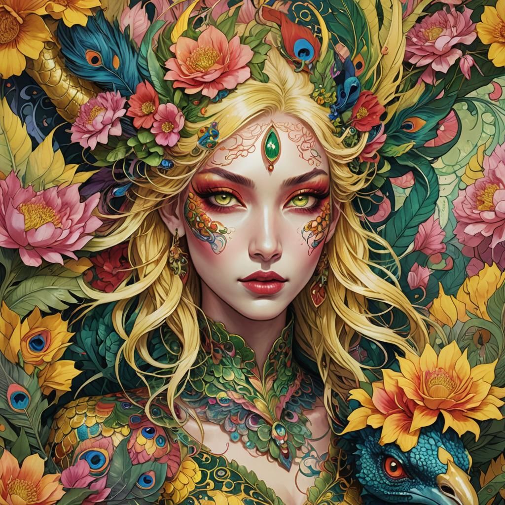 Dragon-Peacock Woman in Fantasy Comic Book Art