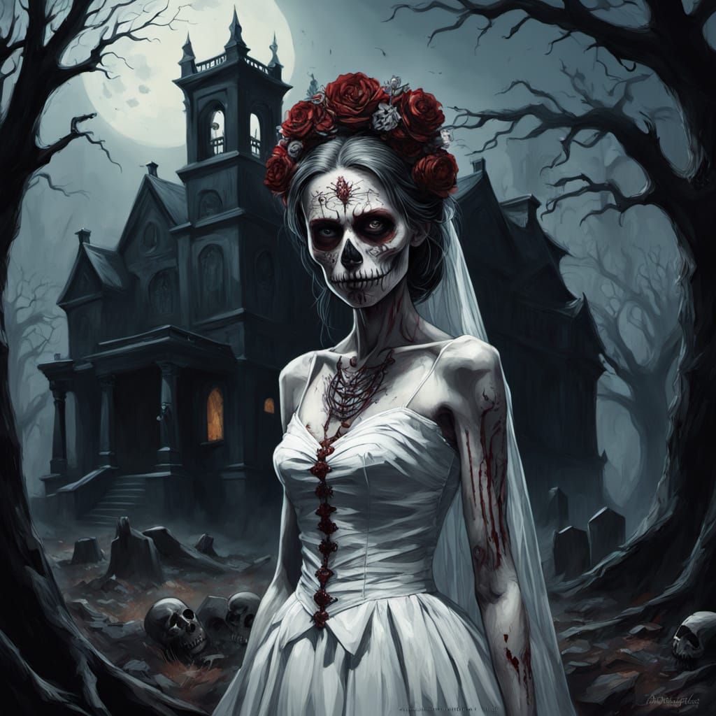 Hyperrealistic Day of the Dead Zombie Bride in Dark Gothic S...